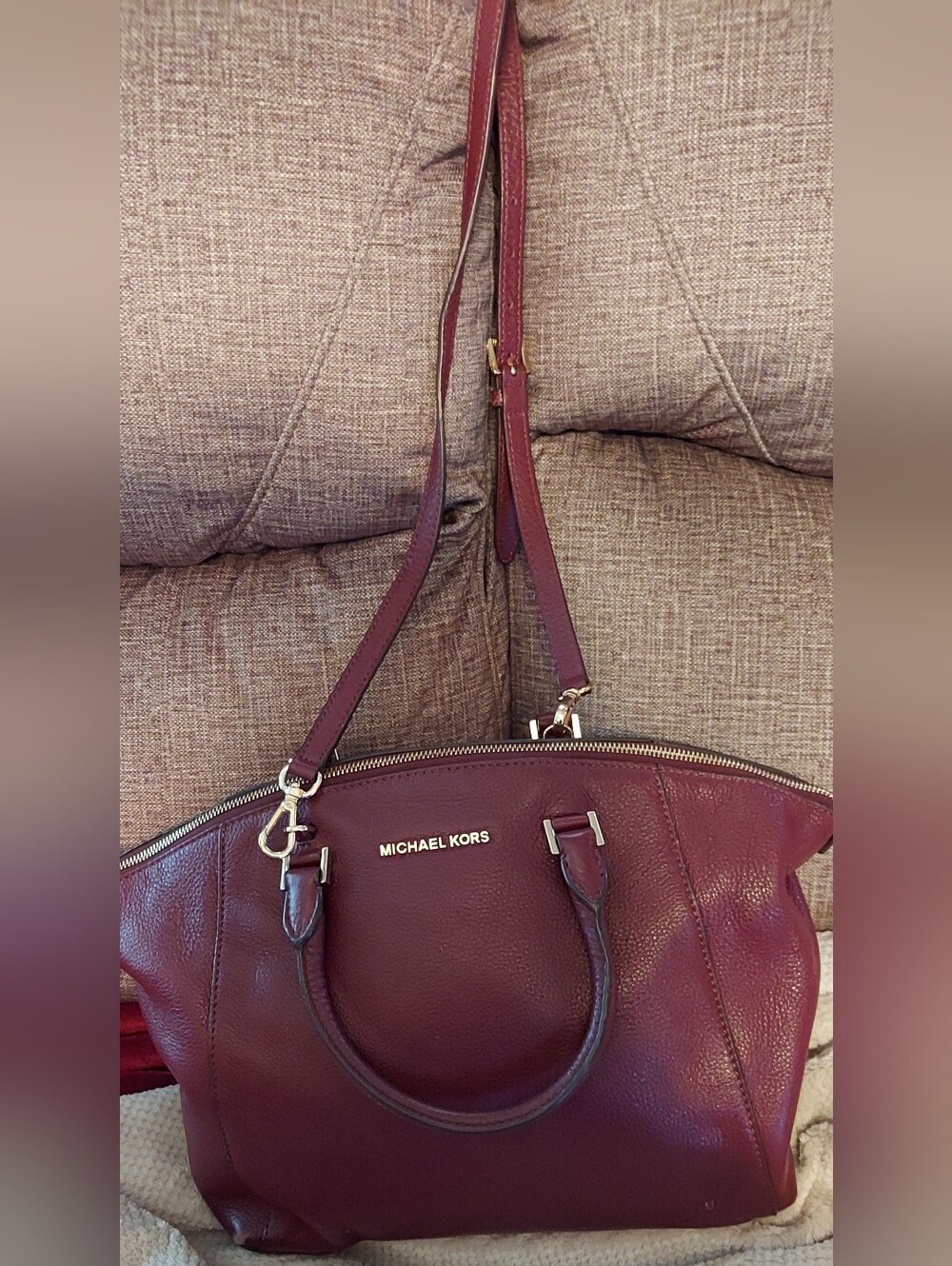 Michael Kors Wine Leather Shoulder Tote with Gold Hardware